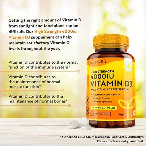 Vitamin D 4000 IU - 500 Micro Tablets - Max Strength - 16 Month Supply - Hight Strength Vegetarian VIT D3 - Vitamin D3 Supports Your Immune System & Bone Health - Made in The UK by Nutravita