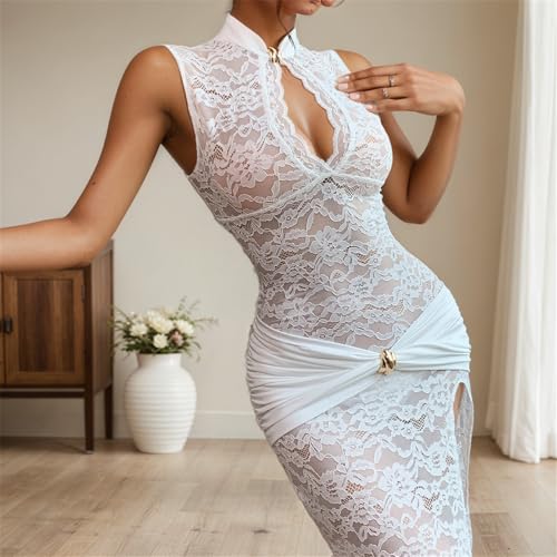 Image of OCUH Black Lace Dress Sheer Maxi Dresses Sexy Outfit for Women Going Out High Slit Skirt Bodycon Vacation Party Wear