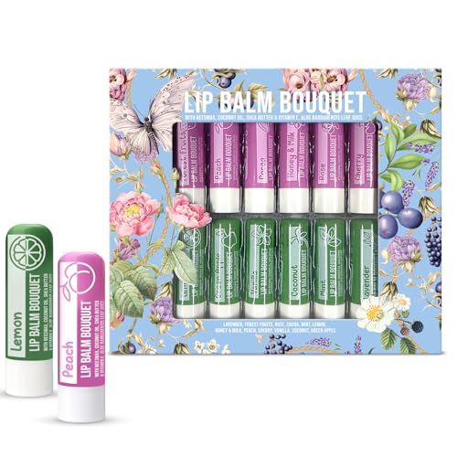 Beauty4Britain Set di 12 Balsami Labbra di Lusso Bouquet 12 Profumazioni Diverse Unisex Protegge & Ripara Idrata Arricchito con Cera d'Api, Olio di Cocco, Burro di Karité, Vitamina E & Aloe Vera