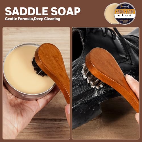 Nuroon 8 Pieces Shoe Polish Kit, 3.5oz Saddle Soap for Leather Cleaning, 3.5oz Mink Oil for Boots Polish, 3 Horsehair Shoe Brushes, Shoe Polish Cloths, Leather Cleaner and Conditioner