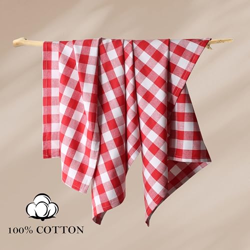 Image of 4 Pack Gingham Buffalo Check Kitchen Dish Towels 100% Cotton 16x26 Inches - Super Absorbent Quick Drying Hand Tea Towels, Restaurant Cleaning Towels with Hanging Loop, Red White