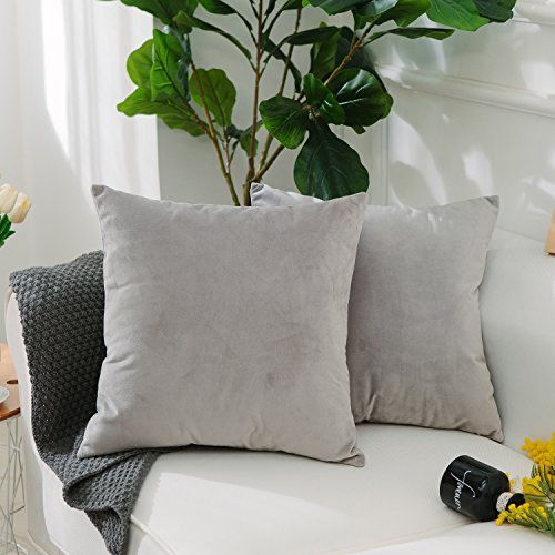 Home Brilliant Set of 2 Solid Square Ultra Soft Short Plush Velvet Accent Throw Pillow Sham Cushion Cover for Office Car Travel, 18 Inch(45cm), Light Grey