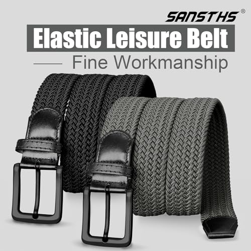 SANSTHS 2Pack Elastic Belt for Men, Mens Belts Casual for Jeans Pants, Woven Braided Web Belt for Golf, 1.3 inches Width3