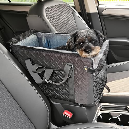 Console Dog Car Seat - Portable Dogs Armrest Booster Seat for Small Dog, Anti-Collapse Pet Car Seat with Soft Cushion Safety Belt, Support Pet Up to 15lbs