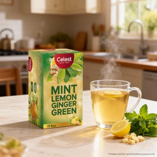 Image of Celest Green Tea | Green Tea for Weight Loss | Ginger, Mint & Lemon | 50 Teabags (25 Tea Bags - Pack of 2)