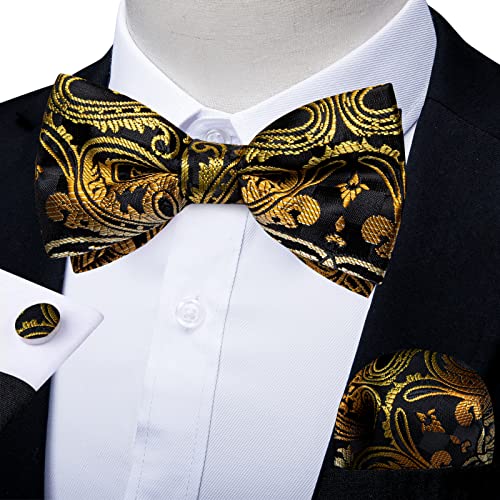 Image of DiBanGu Paisley Pre-Tied Bow Ties for Men Silk Adjustable Bowtie and Pocket Square Cufflinks for Wedding Party