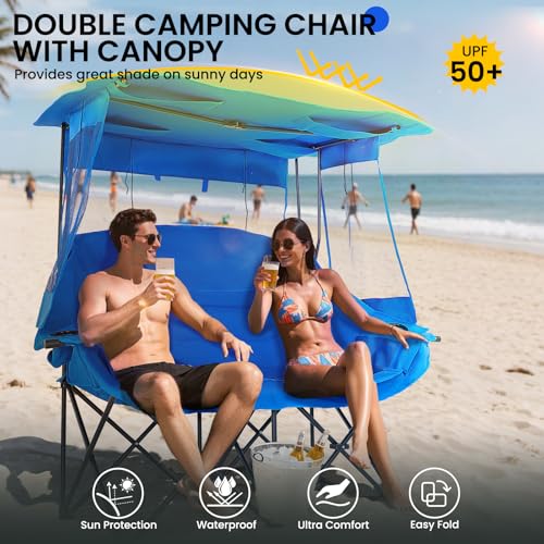 DoCred Double Beach Camping Chair with Canopy, Folding 2 Person Camping Sofa Seat, Portable Outdoor Loveseat with Shade, Oversize Camp Chair for Lawn, and Outdoor Activities