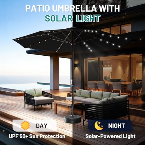 Image of AreShark 11FT Large Patio Umbrella with Solar Lights, Lighted Solar Umbrella with Crank, Outdoor Table Market Umbrellas for Garden, Deck, Backyard, Pool and Beach, Black