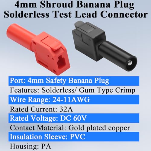 QIANRENON 4mm Bananen Stecker Lötfreier Anschluss 32A M4 Ummantelung Bananen Stecker Schnellanschluss Adapter Crimpung 4mm Shroud Banana Plug, für Multimeter Prüfschaltung Oszilloskope, Rot+Schwarz