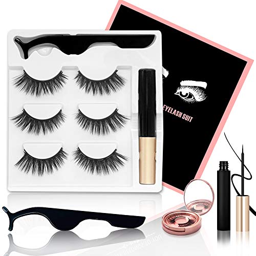 Magnetic Eyeliner and Lashes, 3 Pairs Reusable Natural Look Magnetic Eyelashes & Magnetic Eyeliner with Metal Tweezers Kit, Magnetic Lashes No Glue Needed With Mirror Set Gift