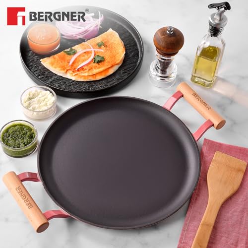 Image of BERGNER Excalibur Lightweight Cast Iron Dosa Tawa 30cm, Double Sided Sturdy Handle, Non-Stick Coating, PFAS Free, Perfect Heat Distribution, Elegant Design - Induction Compatible (Pink)