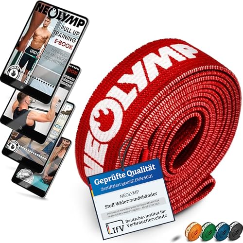 NEOLYMP Lange Fitnessbänder Stoff mit Fitness E-Book - waschbare Resistance Bands, Widerstandsbänder, Gymnastikband, Fitnessband, Trainingsbänder, Klimmzugbänder, Krafttrainingssets (rot)