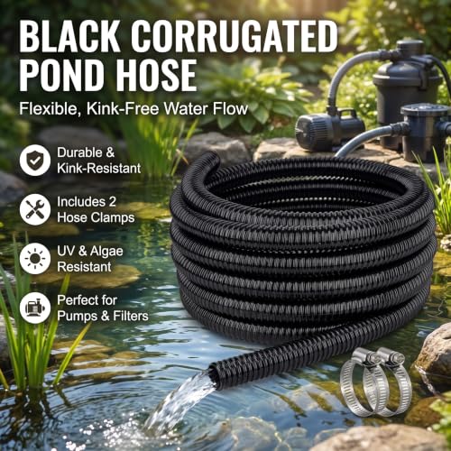 Image of Pond Hose 2 inchID x 25ft Black Corrugated Flexible Pump Tubing & 2 Clamps
