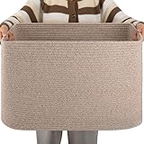 OIAHOMY XXLarge Rectangle Blanket Basket-96L, Cotton Woven Basket for Storage, Dirty Clothes Basket for Living Room, Nursery, Bedroom, Toy Organizing with Handle, 24' x 16' x 15',Brown variegated
