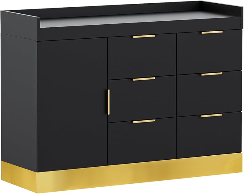 OmySalon Estación de salón para estilistas, tocador de peluquero independiente con 6 cajones, 1 gabinete y estantes ajustables, muebles de belleza para el cabello de almacenamiento grande para barbería, negro dorado