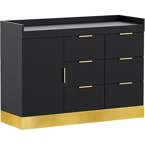 OmySalon Salon Station for Stylists, Free Standing Barber Vanity with 6 Drawers, 1 Cabinet & Adjustable Shelves, Large Storage Hair Beauty Furniture for Barbershop, Black Gold