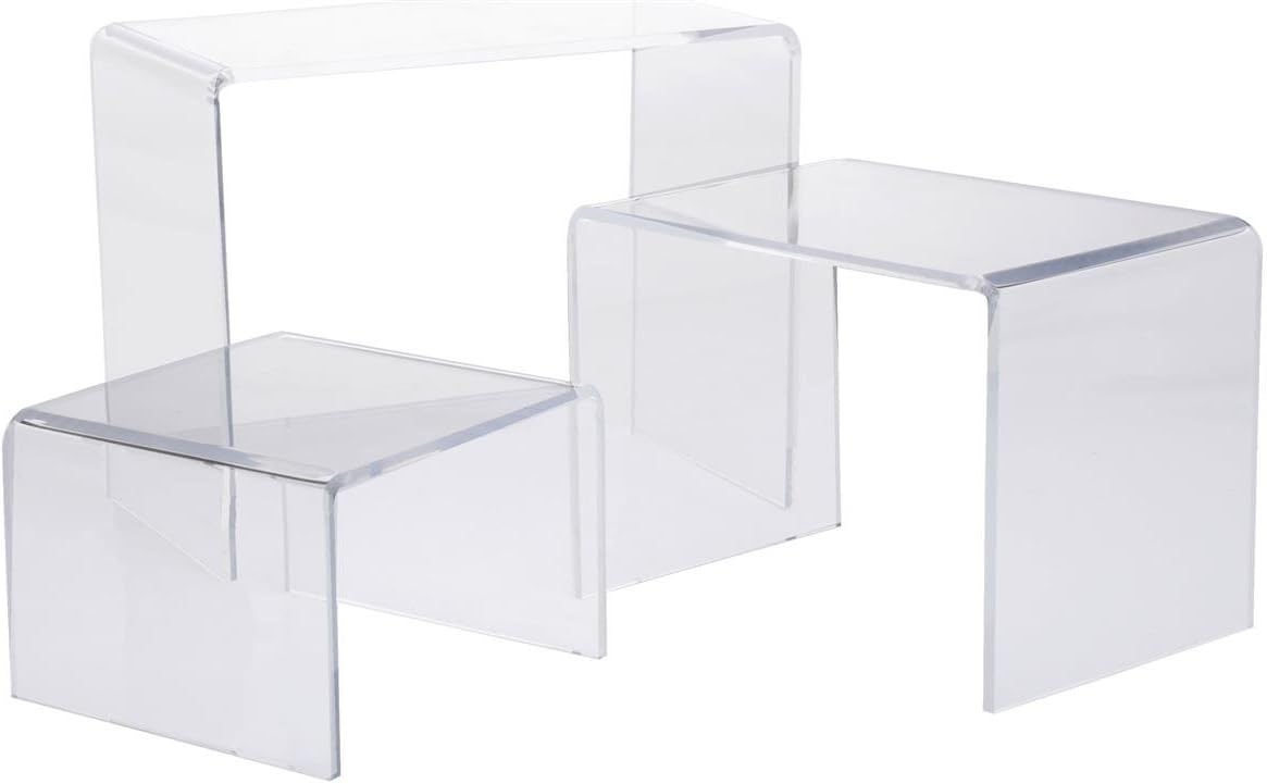 Displays2go Recycled Acrylic Riser Display, U-Shaped Risers, Set of 3 - 6, 8 and 10" Wide - Clear (RISESMLE)