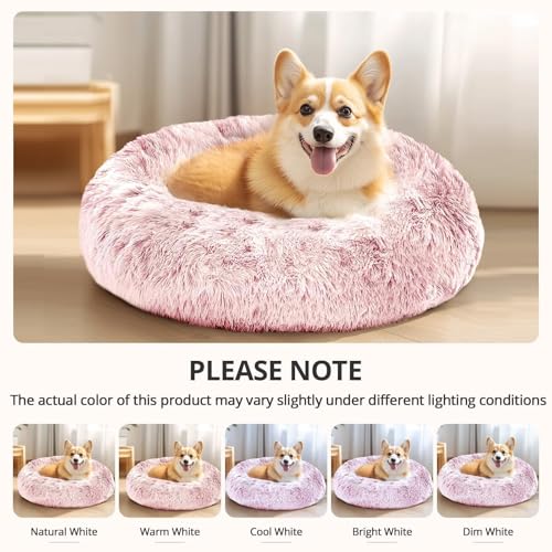 Image of JOLLYVOGUE Calming Dog Bed Medium Size Dog, 31in Donut Washable Medium Pet Bed, Anti-Slip & Anti-Anxiety Fluffy Faux Fur Round Dogs Bed, Fits up to 45 lbs Pets (Smoke Pink)