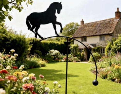 GAP GARDEN PRODUCTS - Solid Metal Rustic finish Garden Wind Spinner/Rocker with a Horse design on a Single arm (Bare metal and will rust natuarally)