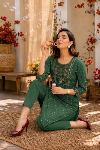 Image of MIRCHI FASHION Women's Straight Fit Rayon Sequins Embroidered and Polka Dots Printed Kurti Only