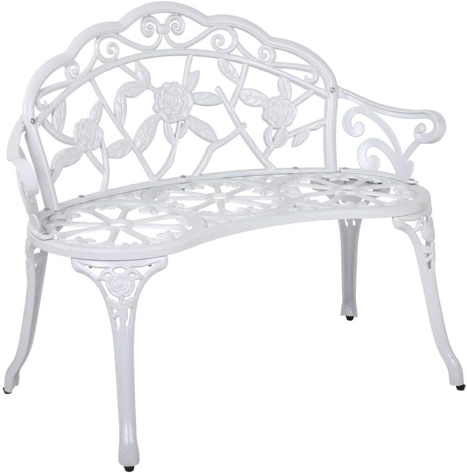 Outdoor Garden Bench Seat, 100cm Length Cast Aluminium Benches Relax Lounge Chair Dining Chairs Lounger Park Patio Porch Backyard Terrace Balcony Kids Furniture, 2 Seater Water-Repellent White