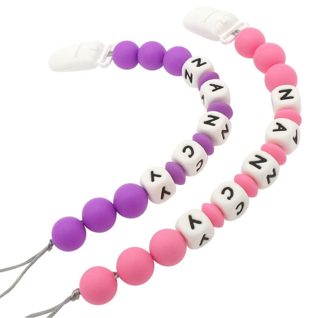 Personalized Pacifier Clip with Name, Customizable Pacifier Clip (2 Pack) (Pink+Purple)