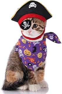 Anelekor Pirate Dog Cat Costume Suit Halloween Funny Pet Clothes with Pirate hat and Bandana Caribbean Style Cat Apparel Corsair Puppy Dressing Up Cosplay for Small Dogs Kitty (A)
