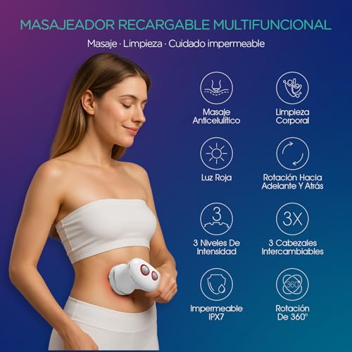 VOYOR Masajeador Anticelulítico Eléctrico Set para Celulitis, Rostro, Mano, Brazo, Cuello, Pie y Cuerpo - 3 Cabezas Multifuncionales, Impermeable IPX7, Sin Cable y Recargable - imagen 2