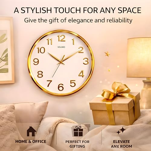 Image of Amazon Brand - Solimo 12 Inches Silent Wall Clock for Living Room Bedroom Office Plastic Easy to Read 3D Numbers Modern Stylish Sweep Movement Wall Clock for Home 1603DX (Golden)
