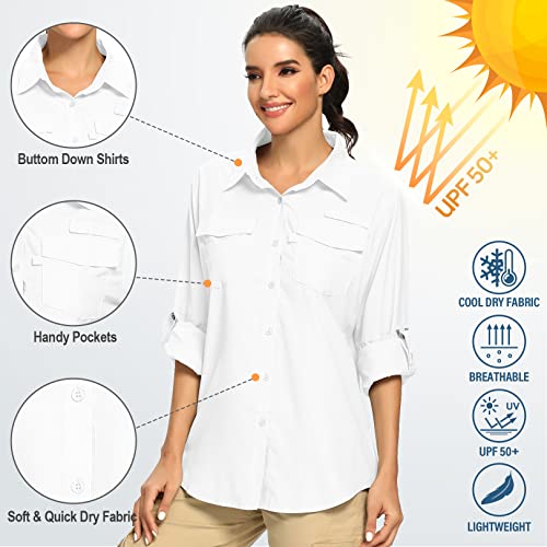 Women's Upf 50 Long Sleeve Safari Shirts,Sun Protection Clothing Women Quick Dry Outdoor Fishing Hiking Gardening Shirt,F5026,White,L #TOP2
