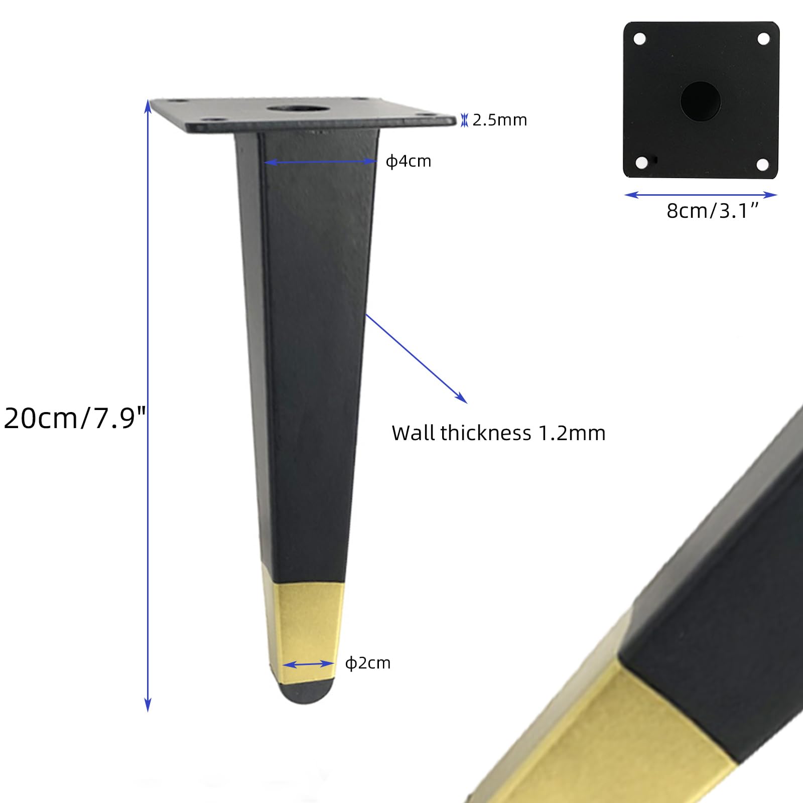Generico Gambe per Mobili Nero Oro 4 Pezzi Supporto Piedini per Tavolo Nero Oro Vernice Spray in Ferro Piedini per Divano Altezza: 13-20 cm Piedini per Mobile 20 cm/7,9"