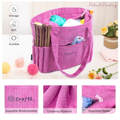 Image of MYBAGZING Crochet Bag and Tote - Corduroy Yarn Bag - Yarn Holder for Crocheting - Crochet Storage Bag for Crochet Hooks, Crochet Accessories, Knitting Bag for Crochet Lovers, Mom Gift