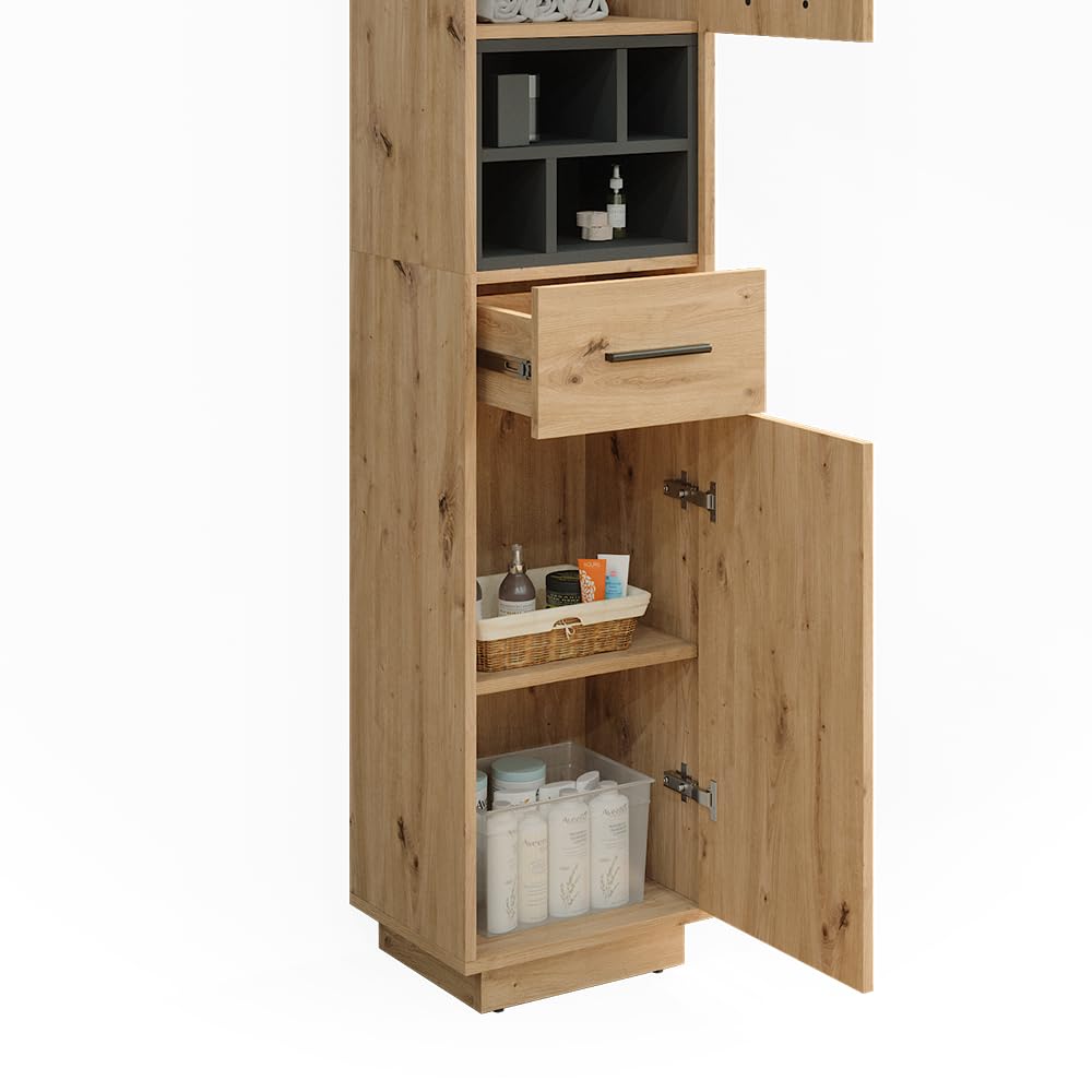 Vicco Armario de baño Beatrice, Roble Artesanal/Antracita, 38 x 190 cm con Puertas, cajón, para el Almacenamiento de artículos de baño y Compatible con Beatrice