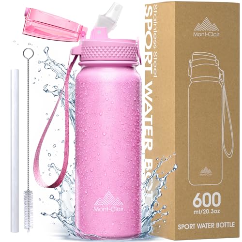 Mont-Clair 600ml - 20oz Stainless Water Bottle with Straw - Gym Water bottle for Women & Men - Double Wall Insulated - Patented Leakproof Lid Design - Keep Drinks Cold & BPA Free - Pink