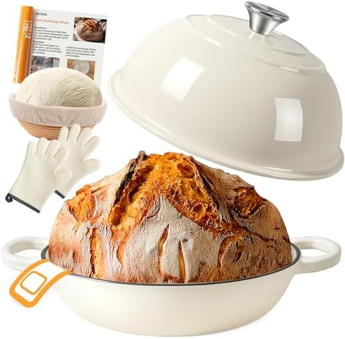 Bild 13 - Gusseisen Topf Brot Backen,5,7L Bräter Emaille Schmortopf mit Deckel und Griffen,26 cm Dutch Oven,Brotbacktopf mit Gärkorb,Schmortopf Gusseisen Topf für Küche Backen Schmoren & Braten (Grün)