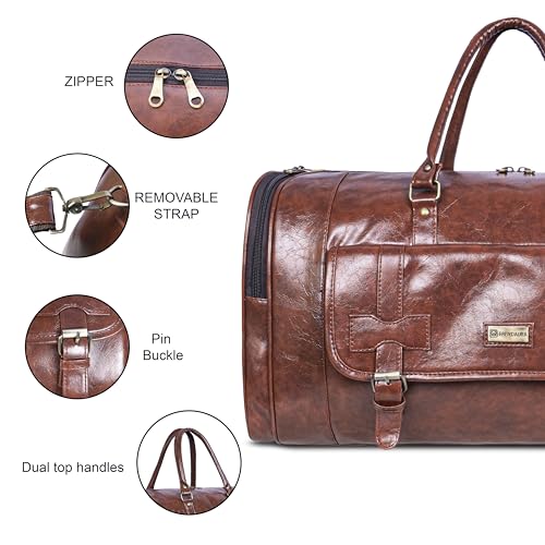Image of Faux Leather Travel Duffle Bag 40L | Gym & Weekend Travel Bag with Shoe Compartment | Water Resistant Large Overnight Bag for Men & Women | Stylish Brown Carry Bag