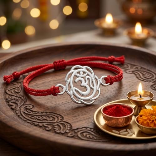 Image of Parnika 925 Pure 92.5 Sterling Silver Om Trishul Tripund Rakhi Bracelet for Brother | Hallmarked Silver Rakhi for Bhai & Bhaiya | Raksha Bandhan Gift with Roli Chawal | Premium Thread Rakhi