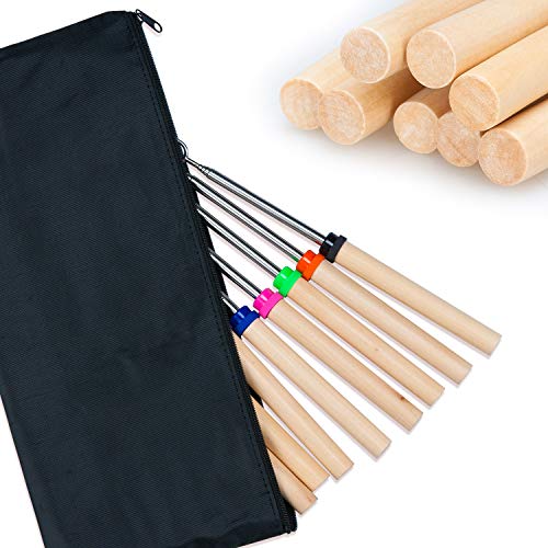 COVVY 8 Stücke Marschmallow Röstgabeln Grill Spieße Gabeln BBQ Marshmallow Röster Spieße Set Teleskopspieße Spieße Ausziehbar Edelstahl mit Holzgriff für Kinder 31cm-82cm (Ohne Bambusstäbe)