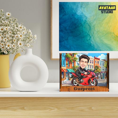 Image of Personalized Motorcycle Rider Caricature Gift Custom Photo Stand Birthday Gift for Husband Boyfriend Friend Unique Biker Cartoon Photo Frame (Motorcycle Rider-2, Box)