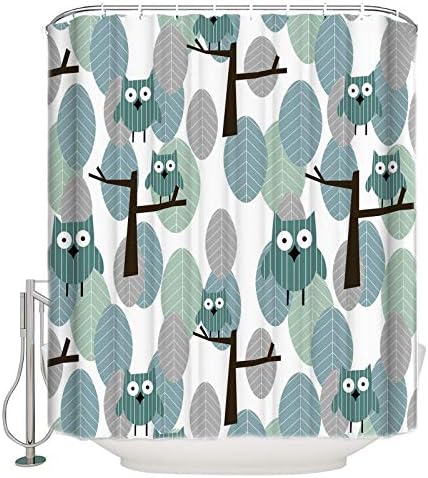 Shower Curtain with 12 Hooks Cute Cartoon Green Leaves and Owls Shower Curtains for Bathroom and Bathtubs, 60 x 72 inches Long