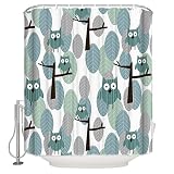 Shower Curtain with 12 Hooks Cute Cartoon Green Leaves and Owls Shower Curtains for Bathroom and Bat