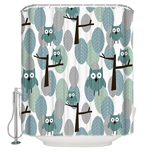 Shower Curtain With 12 Hooks Cute Cartoon Green Leaves And Owls Shower Curtains For Bathroom And Bathtubs, 60 X 72 Inches Long #TOP3