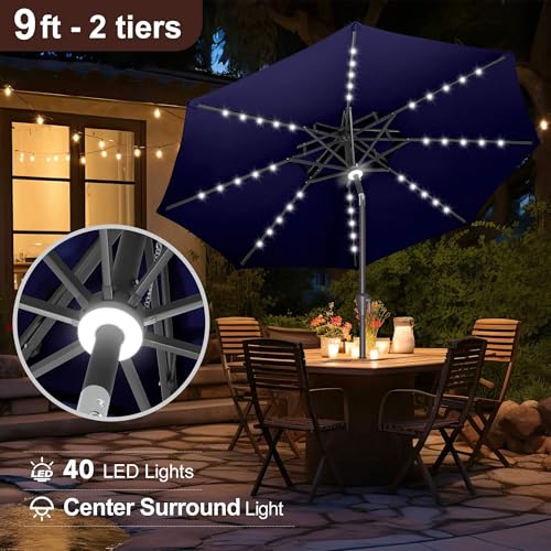 FLAME&SHADE 2 Tiers 9ft Solar Light Patio Umbrella, 40 LED lights outdoor umbrella with Centre Surround Light, Table Market Umbrella for Deck, Pool, Porch, Backyard, Garden (Navy Blue) by FLAME&SHADE - Used condition - Image 4