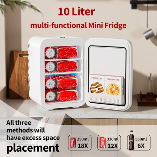 Image of Mini Fridge for Bedroom - 10 Liter /15 Can Portable Refrigerator for Dorm, Office, Car - Quiet Cooler & Warmer for Food, Drinks, Makeup & Skincare - AC /DC Power Supply