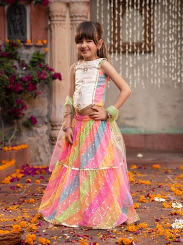 Image of Pspeaches Girls 3-Piece Halter Neck Sleevless Georgette Lehenga, Choli & Dupatta