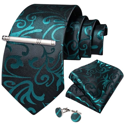 Image of DiBanGu Silk Floral Ties for Men Woven Paisley Necktie and Tie Clip Handkerchief Cufflinks Set for Party Wedding