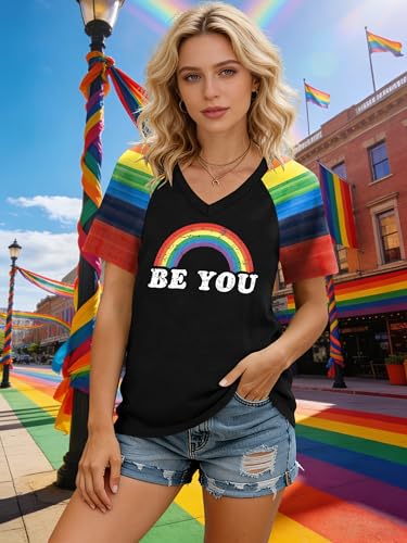 Zylkor Pride Tshirts for Women Be You Letter Print T Shirt Rainbow Graphic Tee Shirt Pride Vneck Tee Tops — view 2