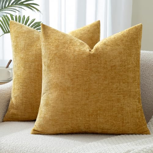 Woaboy Pack of 2 Gold Pillow Covers 18x18 Inch Soft Chenille Couch Throw Pillows Solid Color Cushion Covers Home Decoration for Spring Sofa Living Room