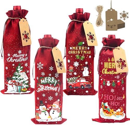 4 Stück Weintasche, Flaschentasche für Weihnachten, Wiederverwendbar Leinen Geschenktüten Flaschen mit Anhängern und Kordelzug, Für Aufbewahrung von Wein Weihnachtssüßigkeiten zu Partys Geburtstagen