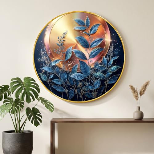 Image of SAF Modern Abstract Leaf Wall Painting with Golden PVC Frame Round Botanical Wall Art Luxury Blue Gold Design for Living Room Bedroom Office Home Decor Gift Item (20 x 20 Inch) GRL-349